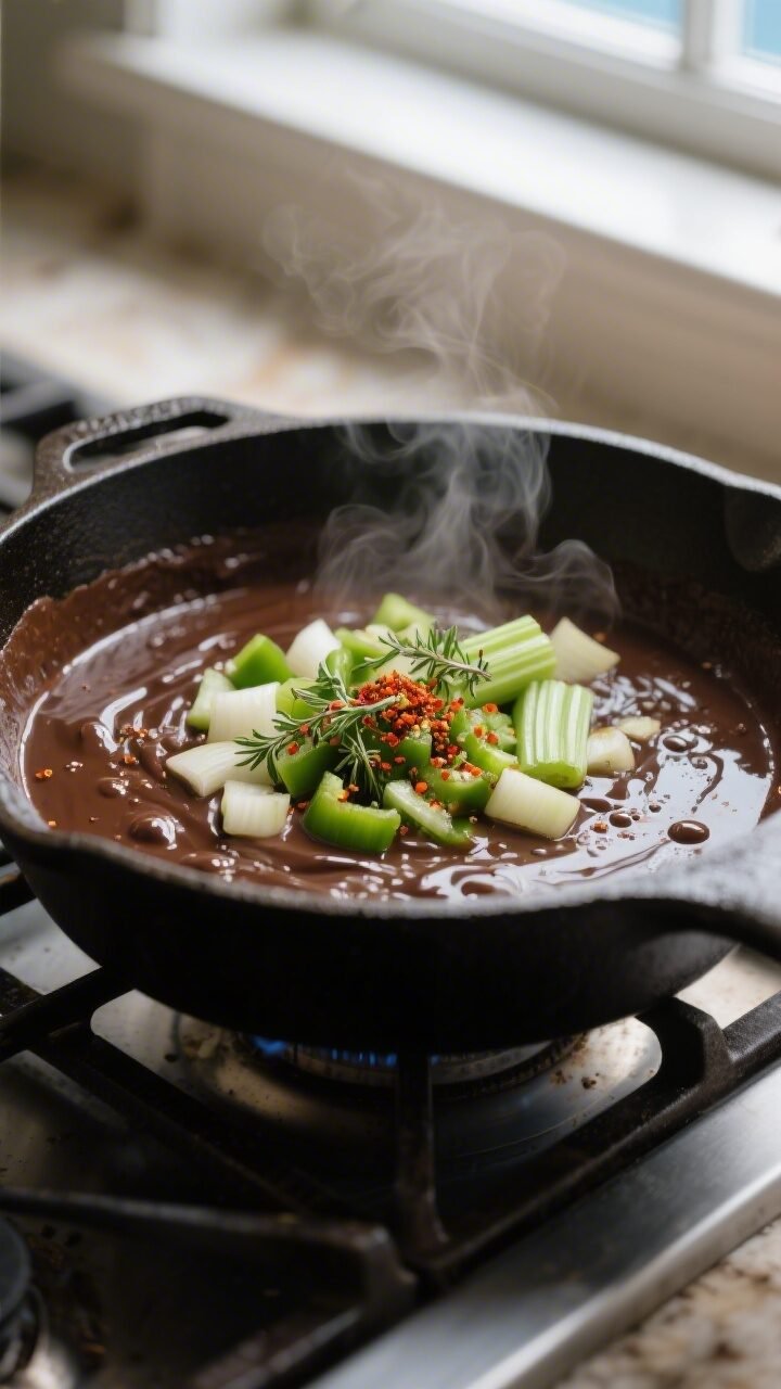 Close-up detail, cooking process: Dark-chocolate roux in a heavy cast-iron pot with the “holy trin