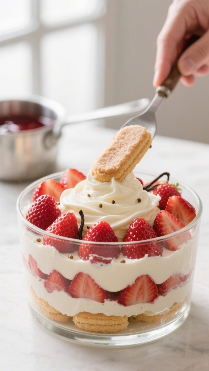 Close-up detail, cooking process: Glass trifle dish mid-assembly with distinct layers—lightly soak