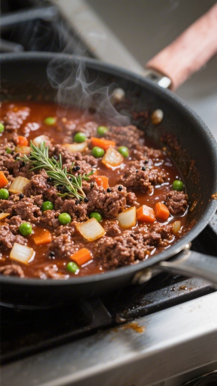 Close-up detail, cooking process: Minced beef filling simmering in a shallow skillet, glossy and thi