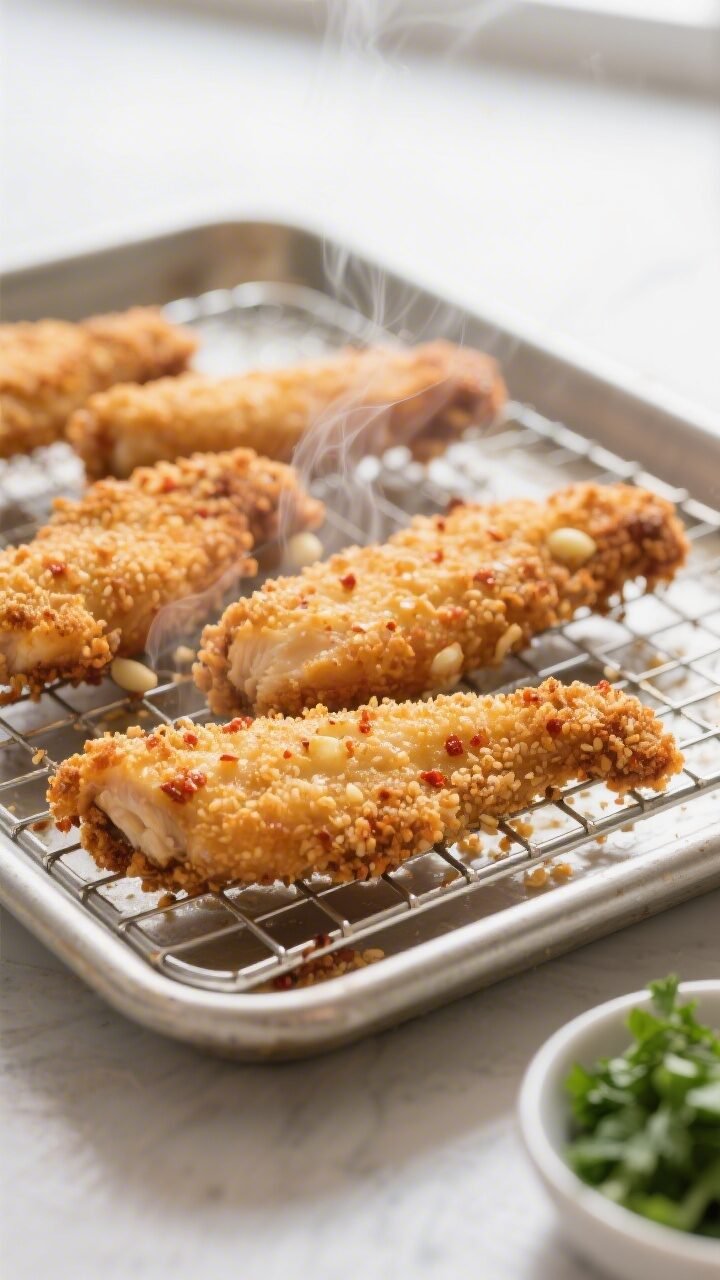Close-up detail: Golden-brown baked chicken tenders just out of the oven on a preheated wire rack ov
