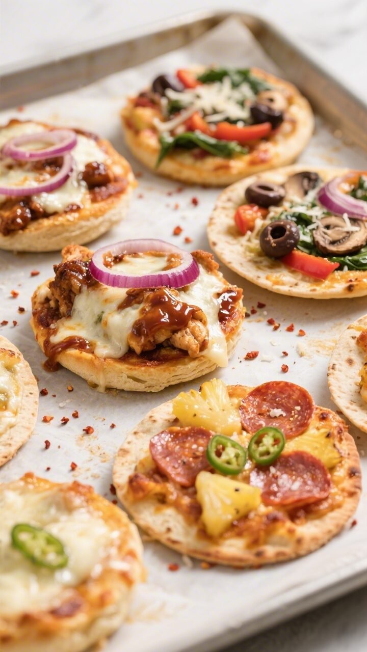 Close-up detail of a family sheet pan of mixed mini pizzas (English muffin minis and tortilla pizzas