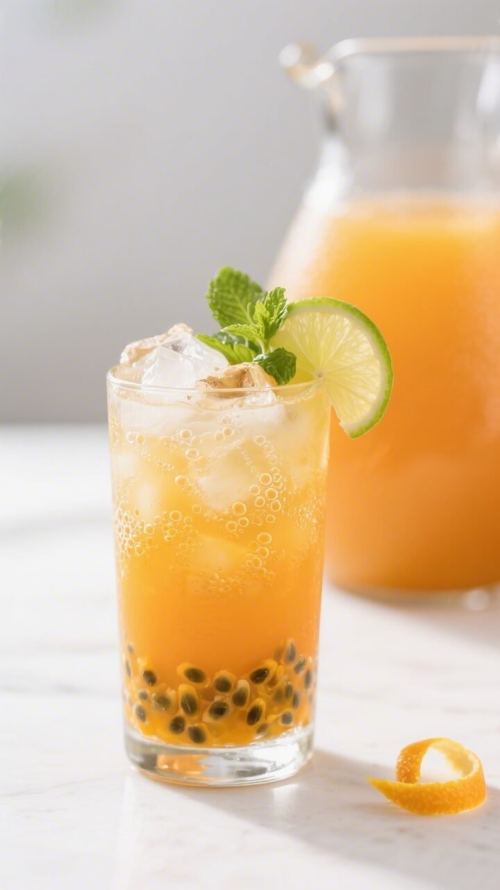 Close-up detail of a single highball glass of Tropical Citrus Punch served over crystal-clear ice: r