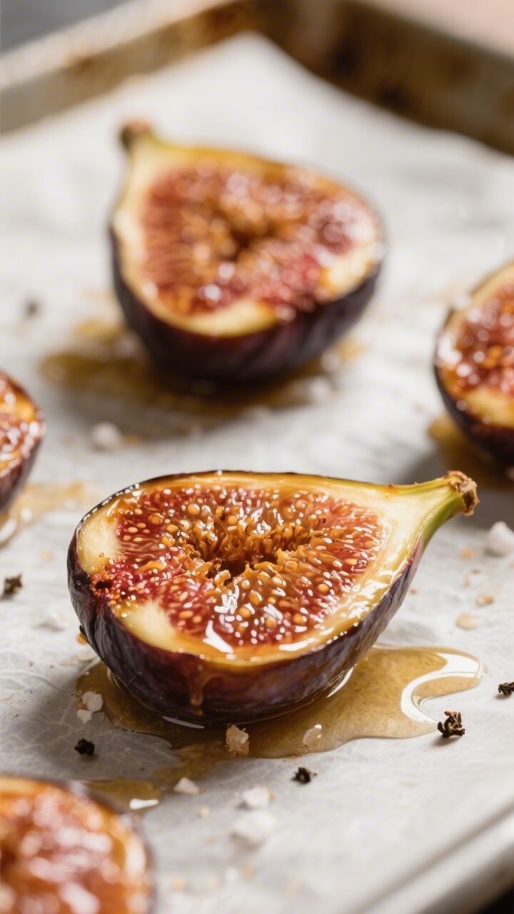 Close-up detail of honey-roasted fig halves just out of the oven on a parchment-lined baking sheet, 