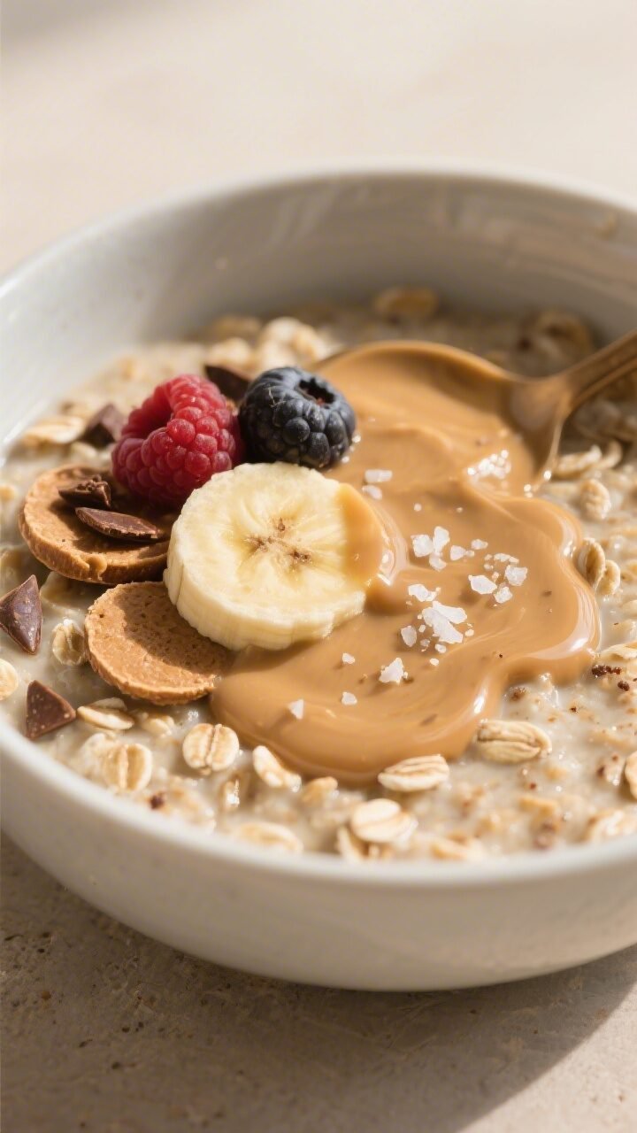 Close-up detail of the final plated bowl of peanut butter–banana overnight oats, ultra-creamy and