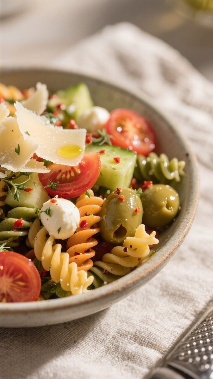 Close-up detail of the final plated pasta salad served in a shallow ceramic bowl, restaurant-quality