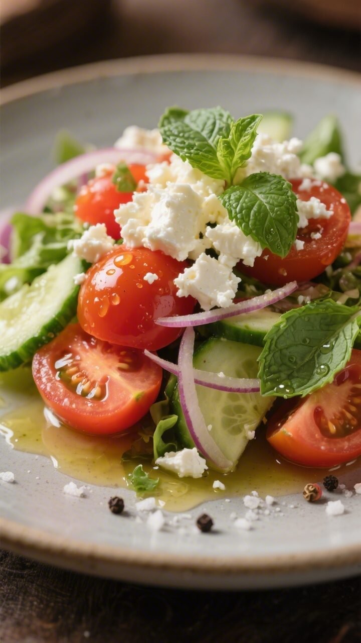 Close-up detail of the final plated salad served with a generous crumble of feta on top, showcasing 