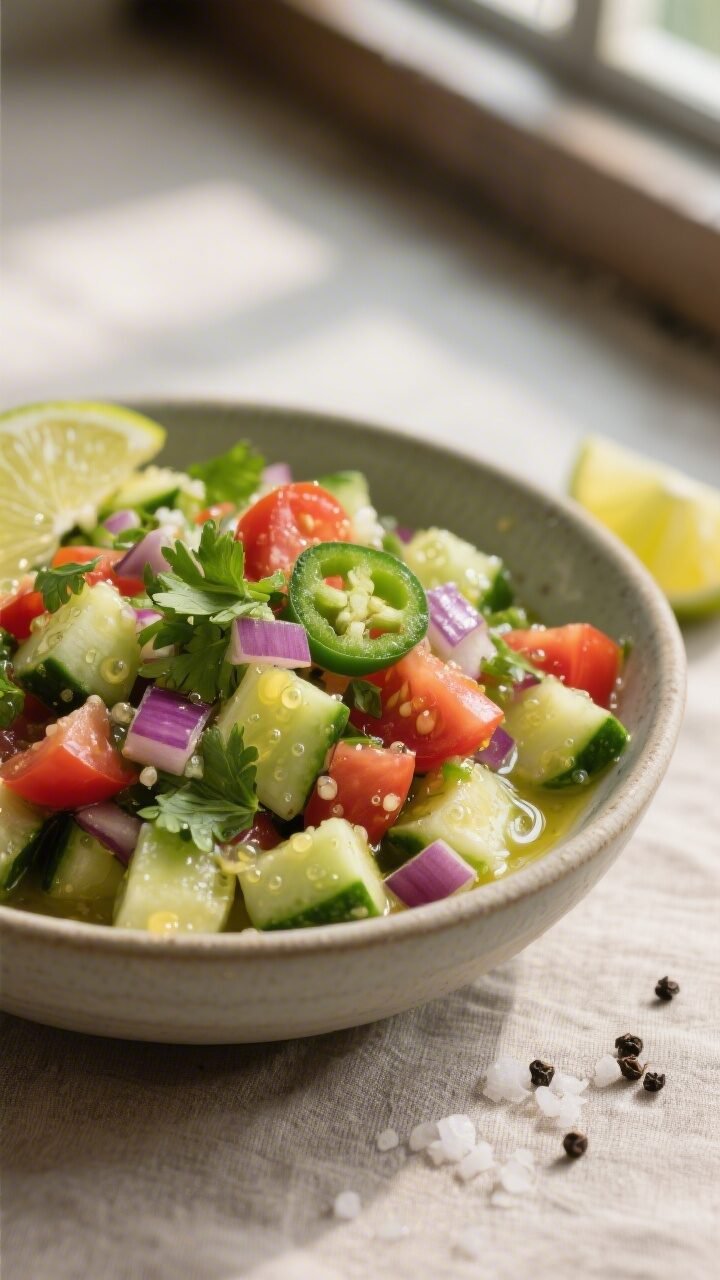 Close-up detail of the “resting” stage: fully combined cucumber salsa after tossing, captured at