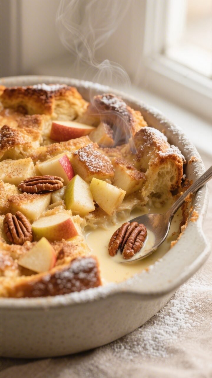Close-up detail of warm apple bread pudding just out of the oven, golden, craggy top with crisped br
