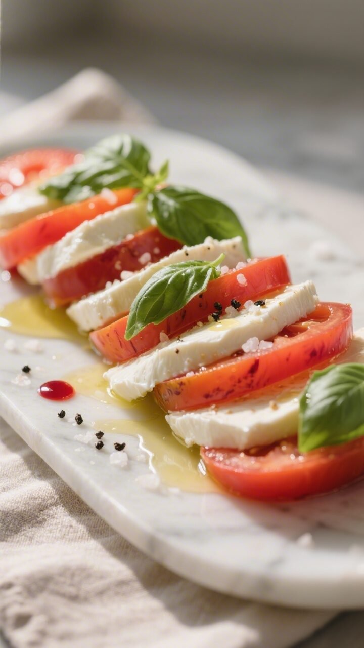 Close-up detail shot: Alternating layers of sliced ripe heirloom tomatoes and fresh mozzarella shing
