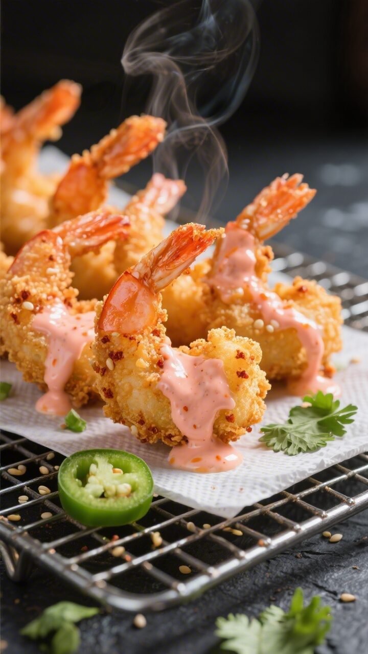 Close-up detail shot of crispy bang bang shrimp just tossed in sauce: golden, cornstarch-crisp shrim