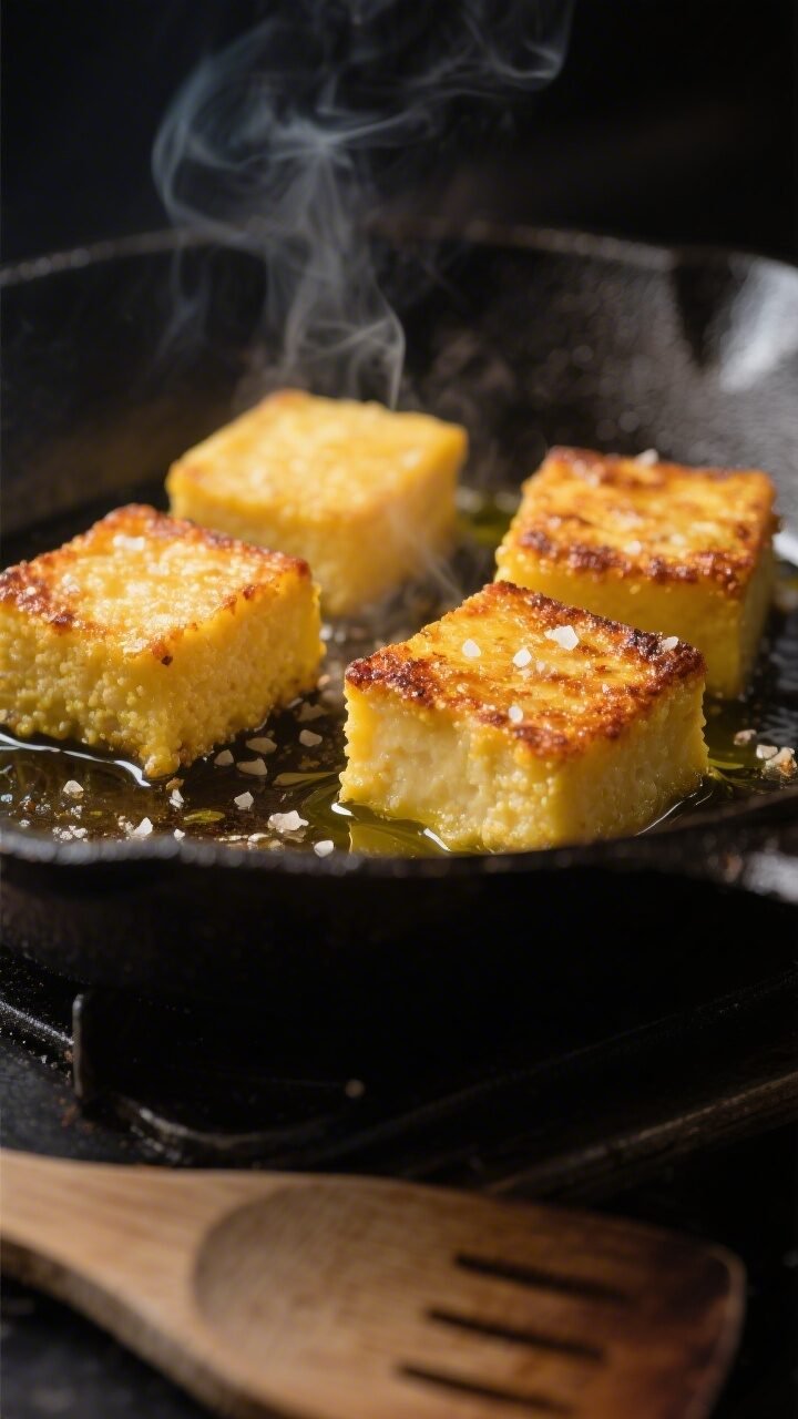 Close-up detail shot of pan-seared polenta bites sizzling in a preheated cast-iron skillet, deep gol