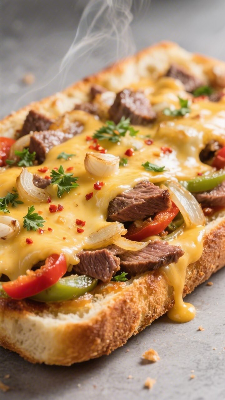 Close-up detail shot of the finished Philly Cheesesteak Garlic Bread just out of the oven: bubbling 