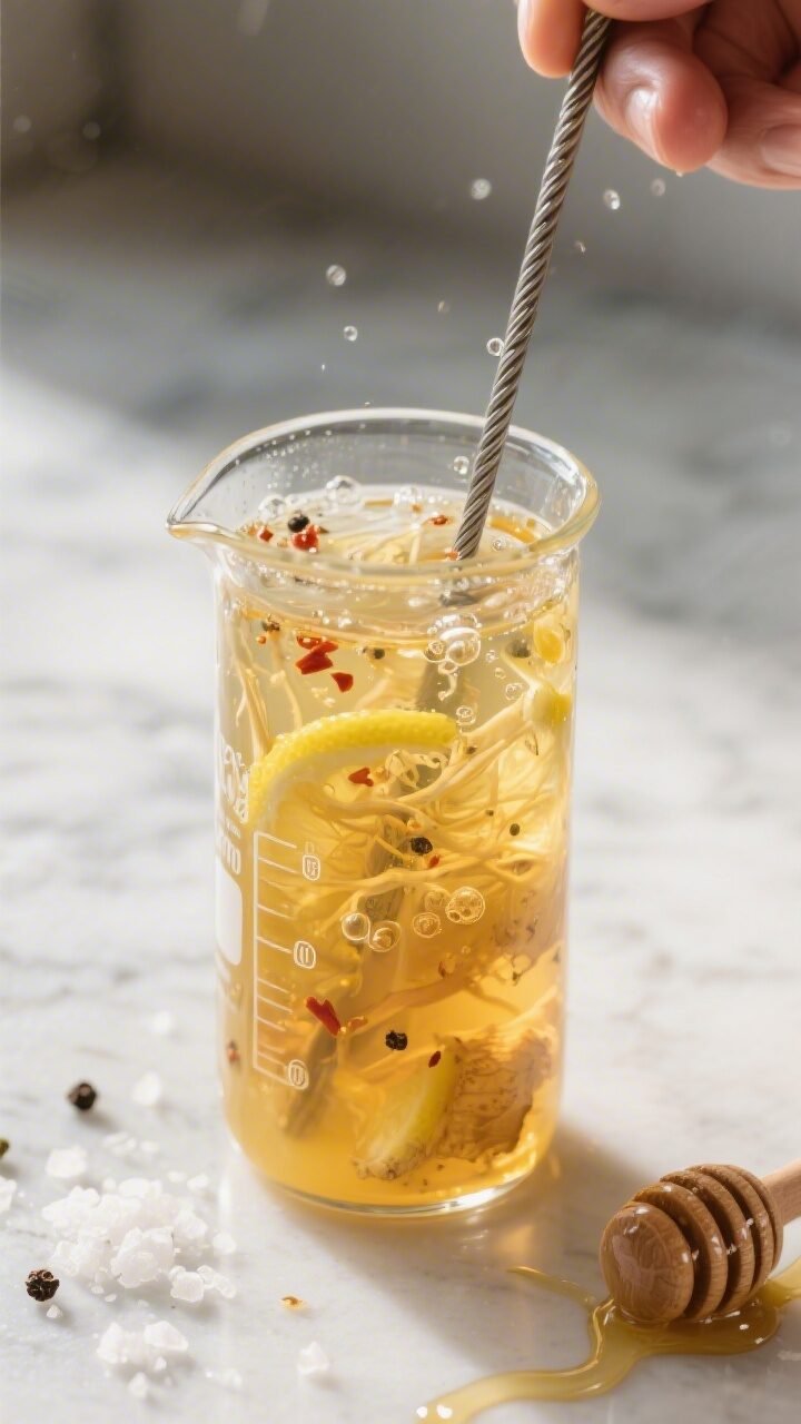 Close-up detail shot of the prepared Colon Cleanse Juice Shot being whisked in a small glass beaker:
