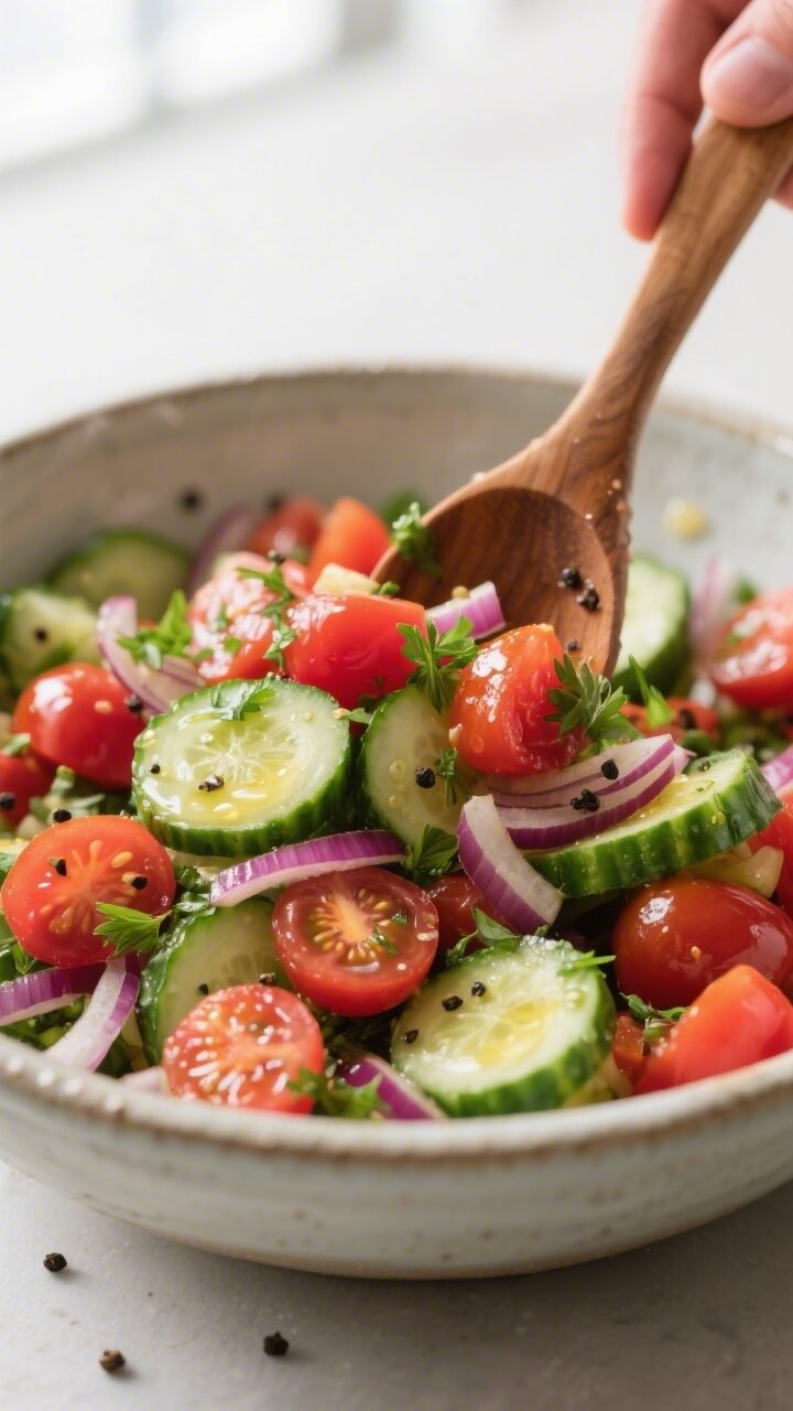 Close-up detail shot of the prepared Tomato Cucumber Summer Salad being gently tossed with a light h