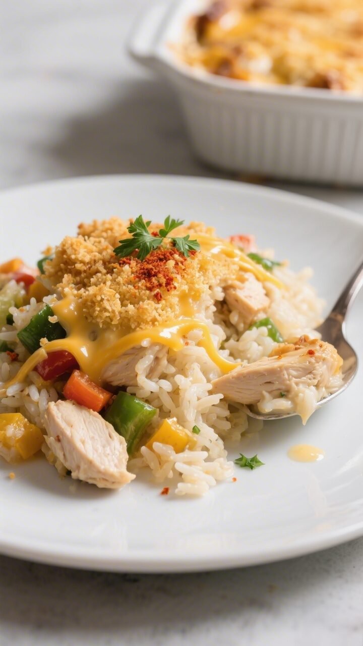 Close-up final plated serving of the casserole: a generous scoop on a matte white dinner plate, show
