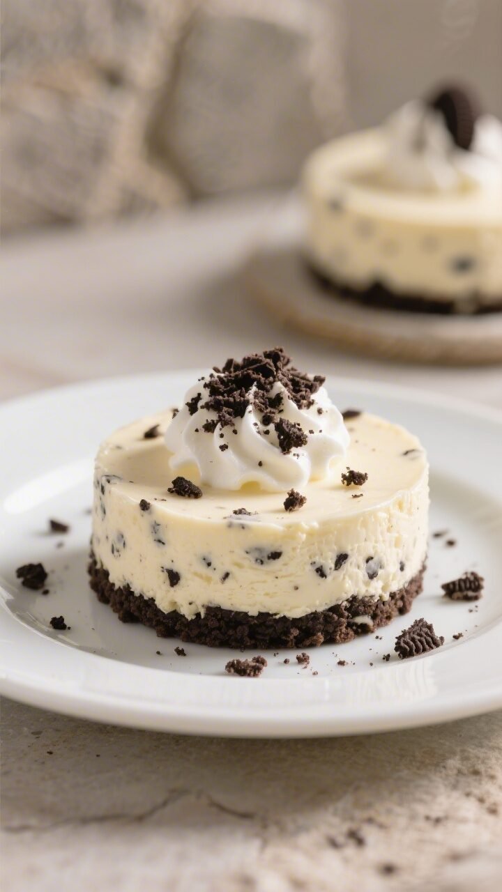 Close-up final presentation of a plated Mini Oreo Cheesecake on a matte white dessert plate: visible