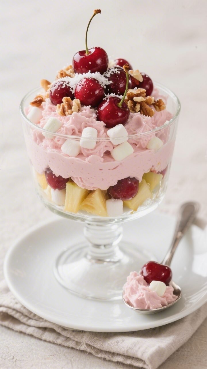 Close-up final presentation of cherry fluff salad: served in a clear glass trifle bowl to showcase l