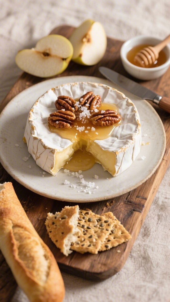 Close-up hero plate of the final Baked Brie set on a rustic wooden board, gooey interior oozing from