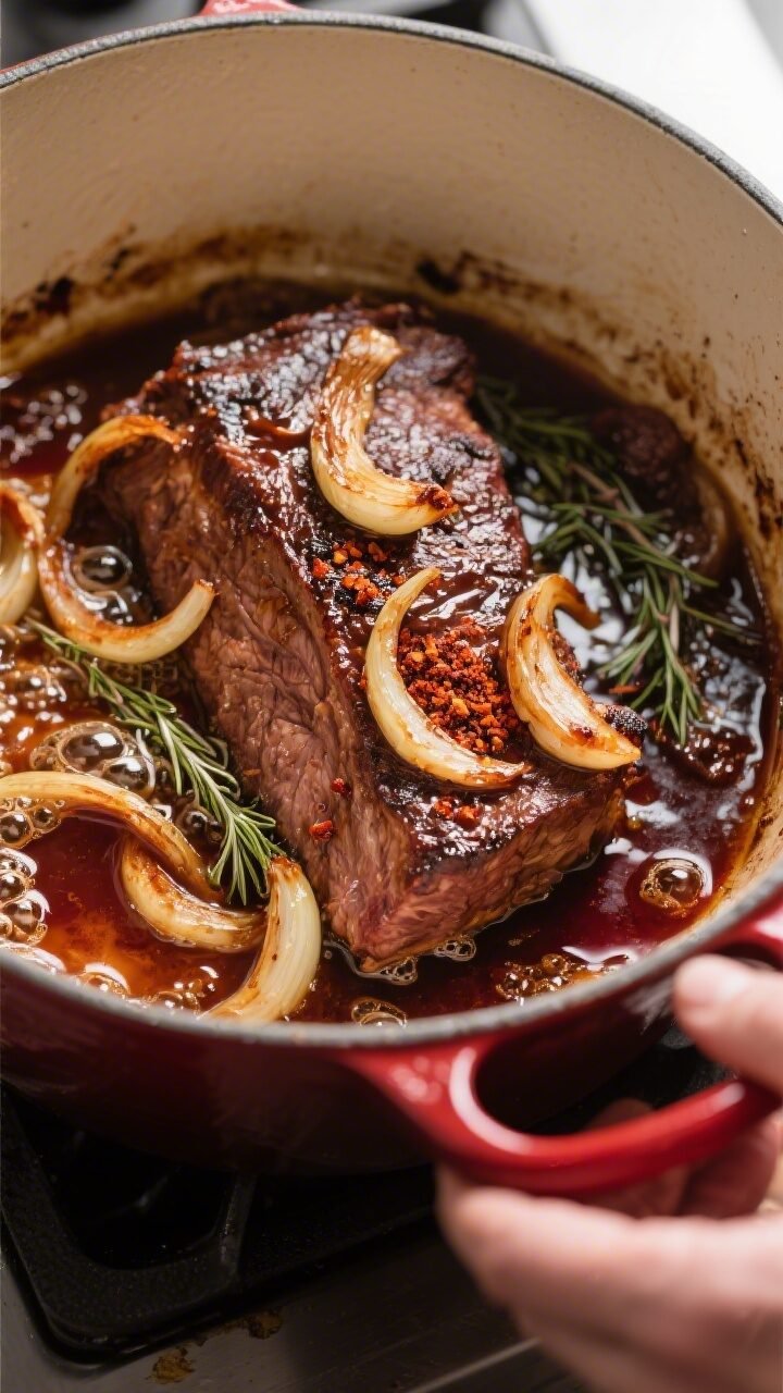 Close-up process shot of the brisket just after searing and building the flavor base: thick, lacquer