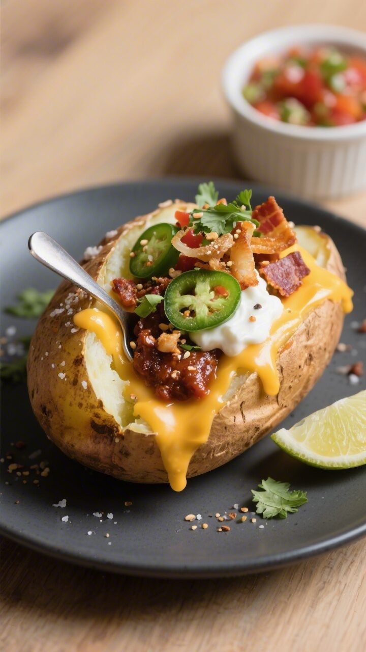 Close-up, three-quarter angle of a single loaded baked potato, final plated: crisp, salted russet sk