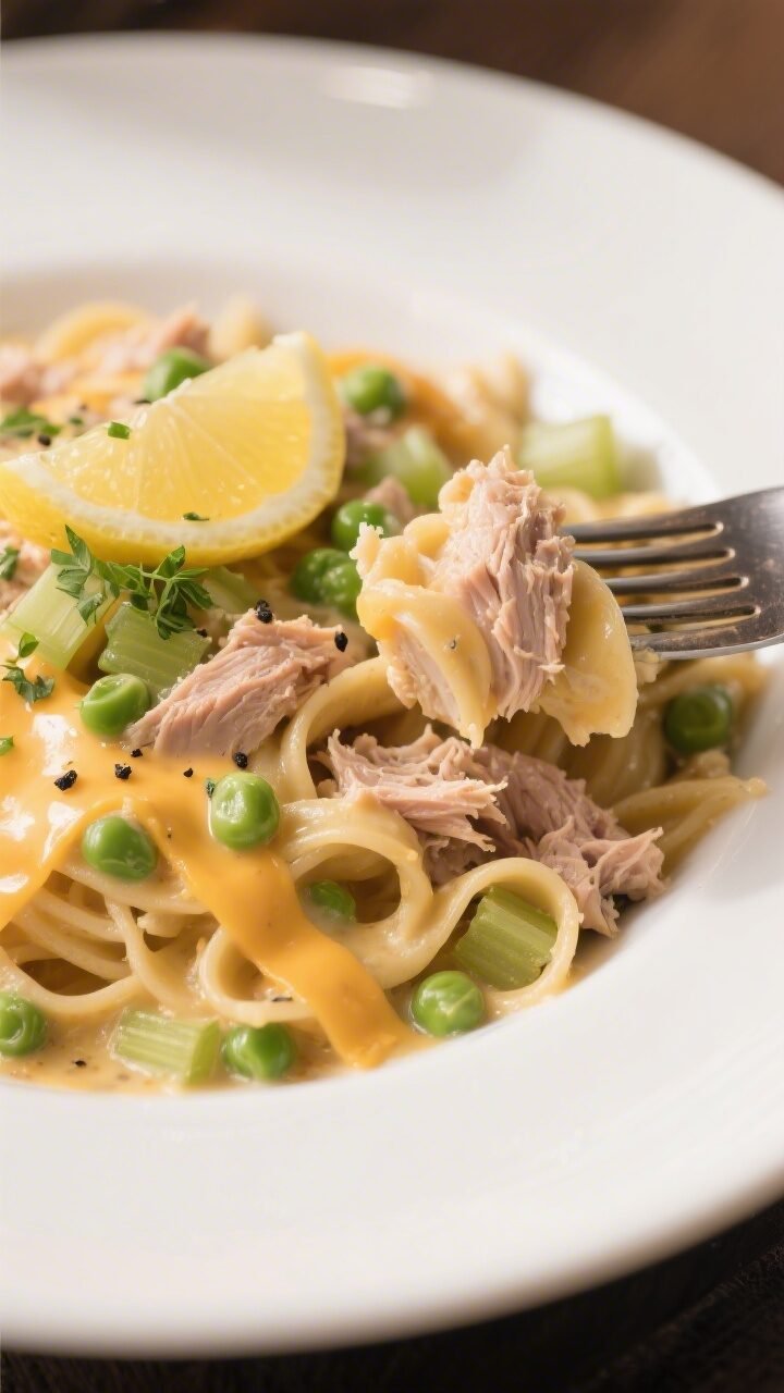Close-up, three-quarter angle of a single plated serving of tuna casserole on a white ceramic plate: