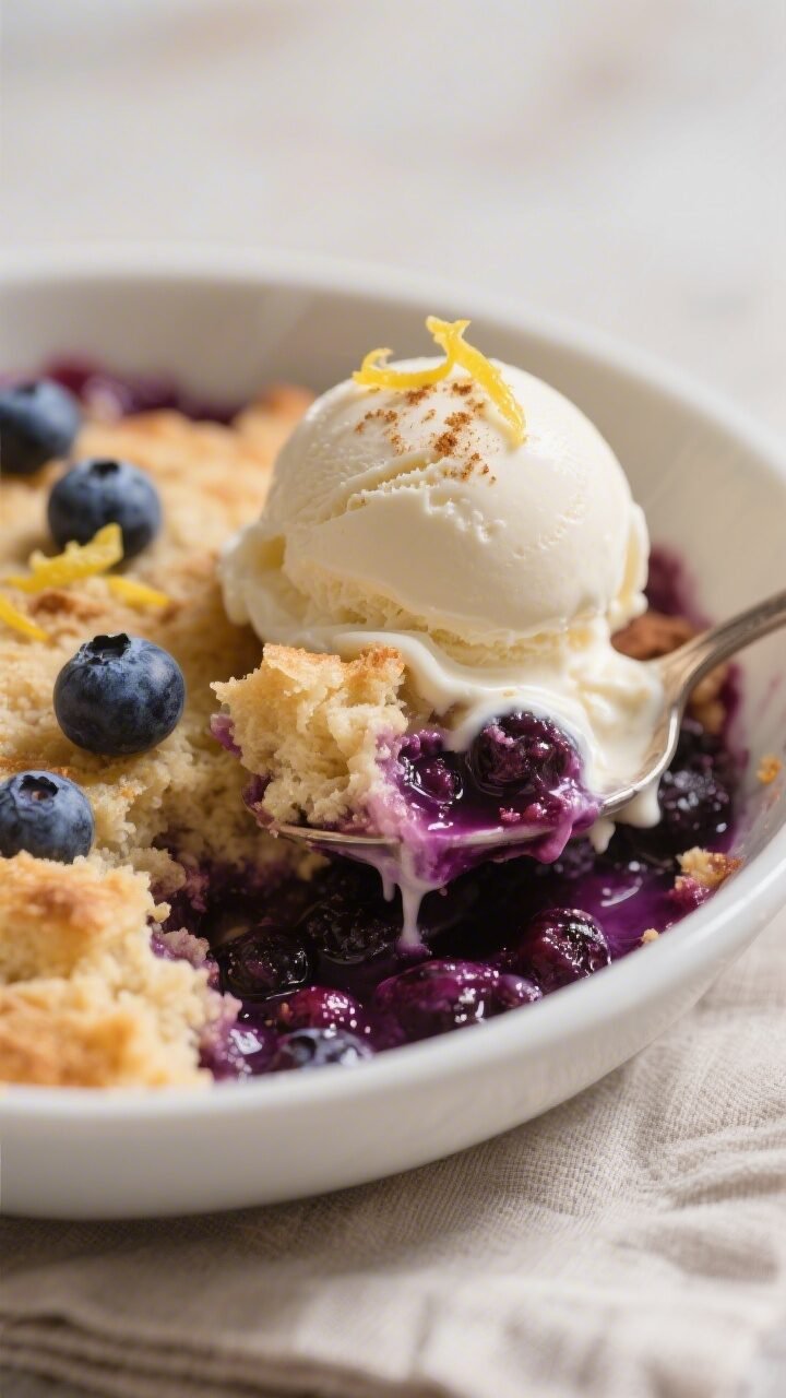 Close-up three-quarter angle of a warm serving of blueberry cobbler in a shallow white bowl: spooned