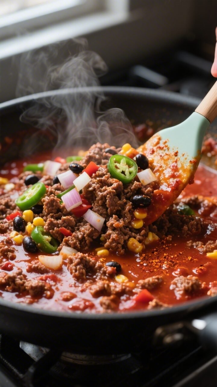 Cooking process close-up: A skillet of seasoned ground beef simmering in rich red enchilada sauce wi