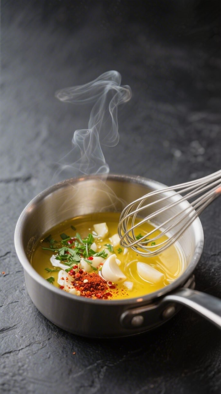 Cooking process close-up: A small stainless saucepan of melted golden butter on low heat with visibl