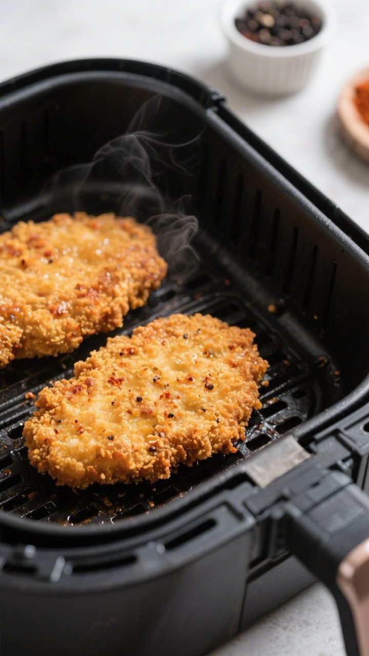 Cooking process close-up: Air fryer basket at 400°F with two golden-brown, breaded chicken fried st