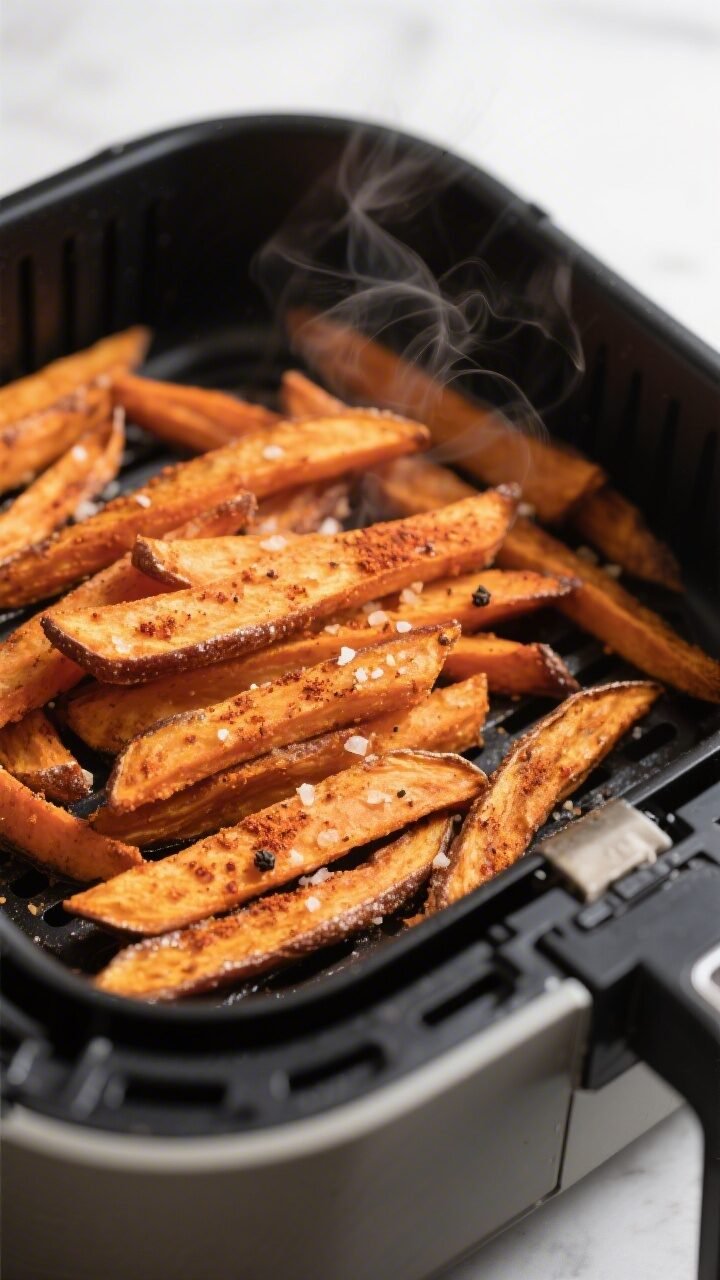 Cooking process close-up: Air fryer basket with a single, uncrowded layer of cooked sweet potato fri