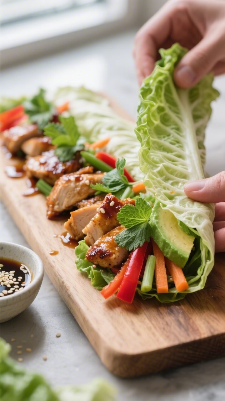 Cooking process close-up: Blanched Savoy cabbage leaves being rolled into wraps on a wooden board, g