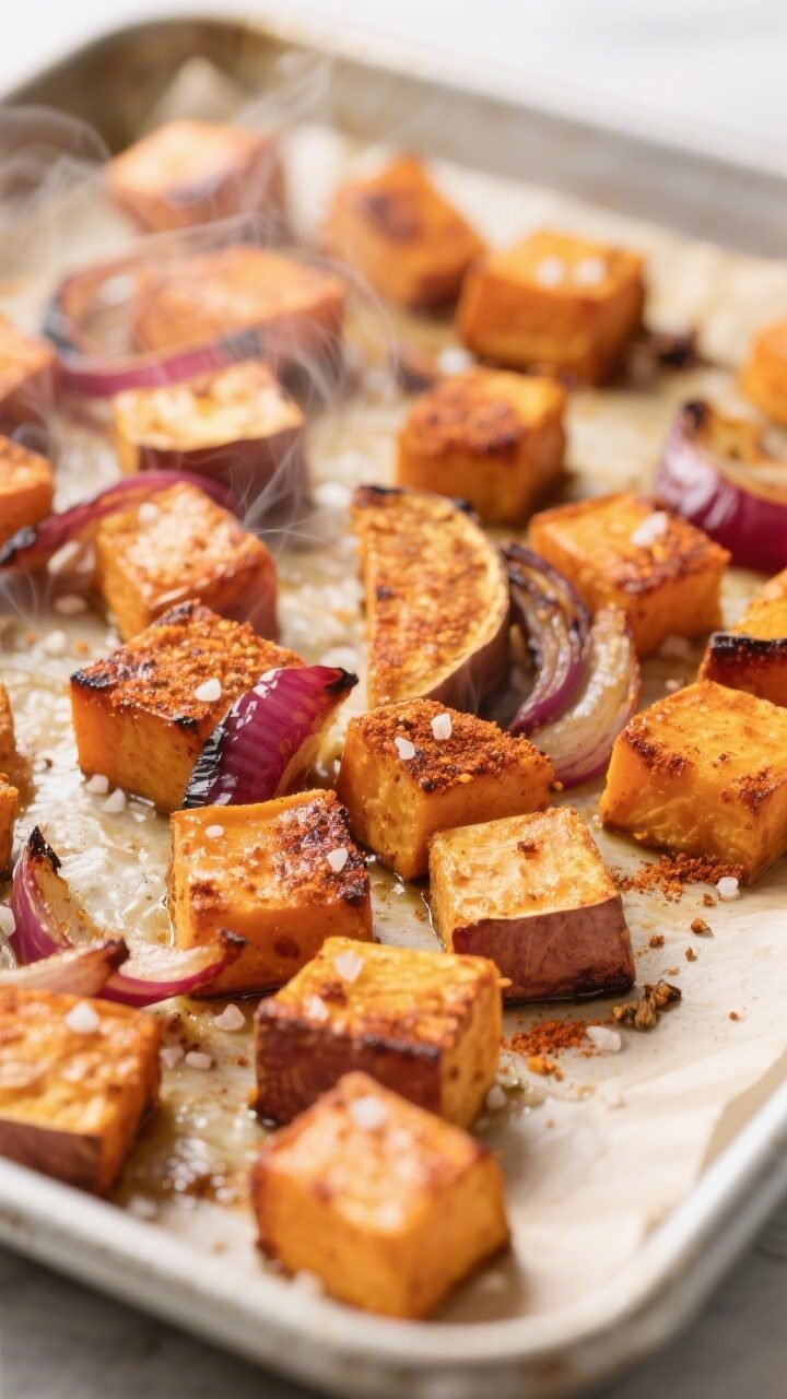 Cooking process close-up: Caramelized roasted sweet potato cubes on a parchment-lined sheet pan at 4
