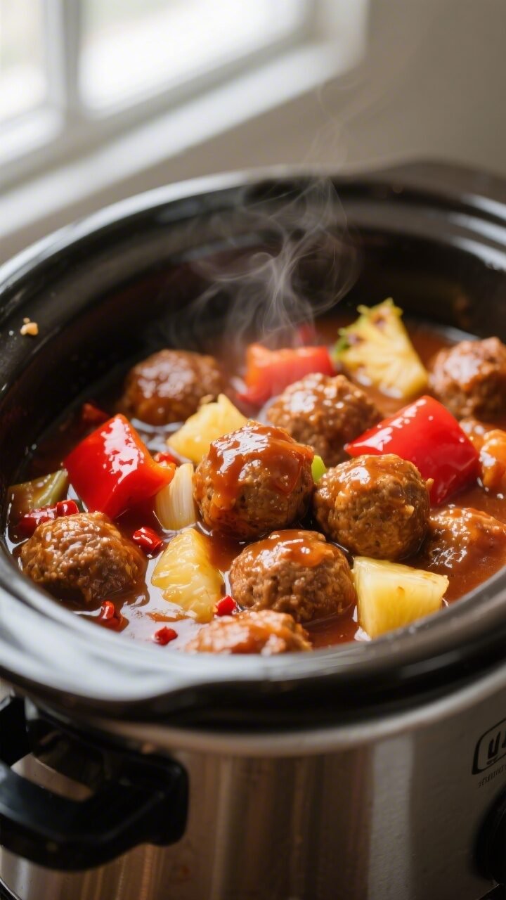 Cooking process close-up: Crockpot sweet and sour meatballs simmering in a slow cooker, glossy thick