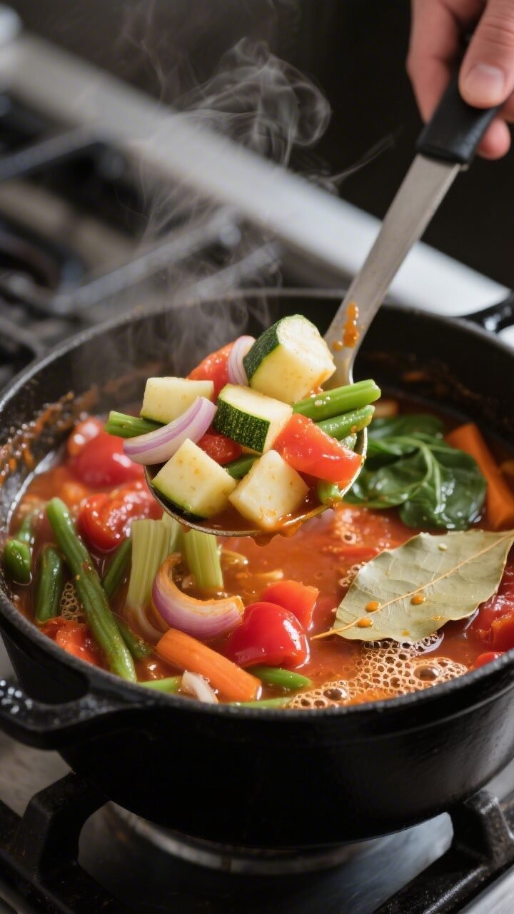 Cooking process, close-up detail: A steaming ladle scooping tender diced potatoes, zucchini, and gre