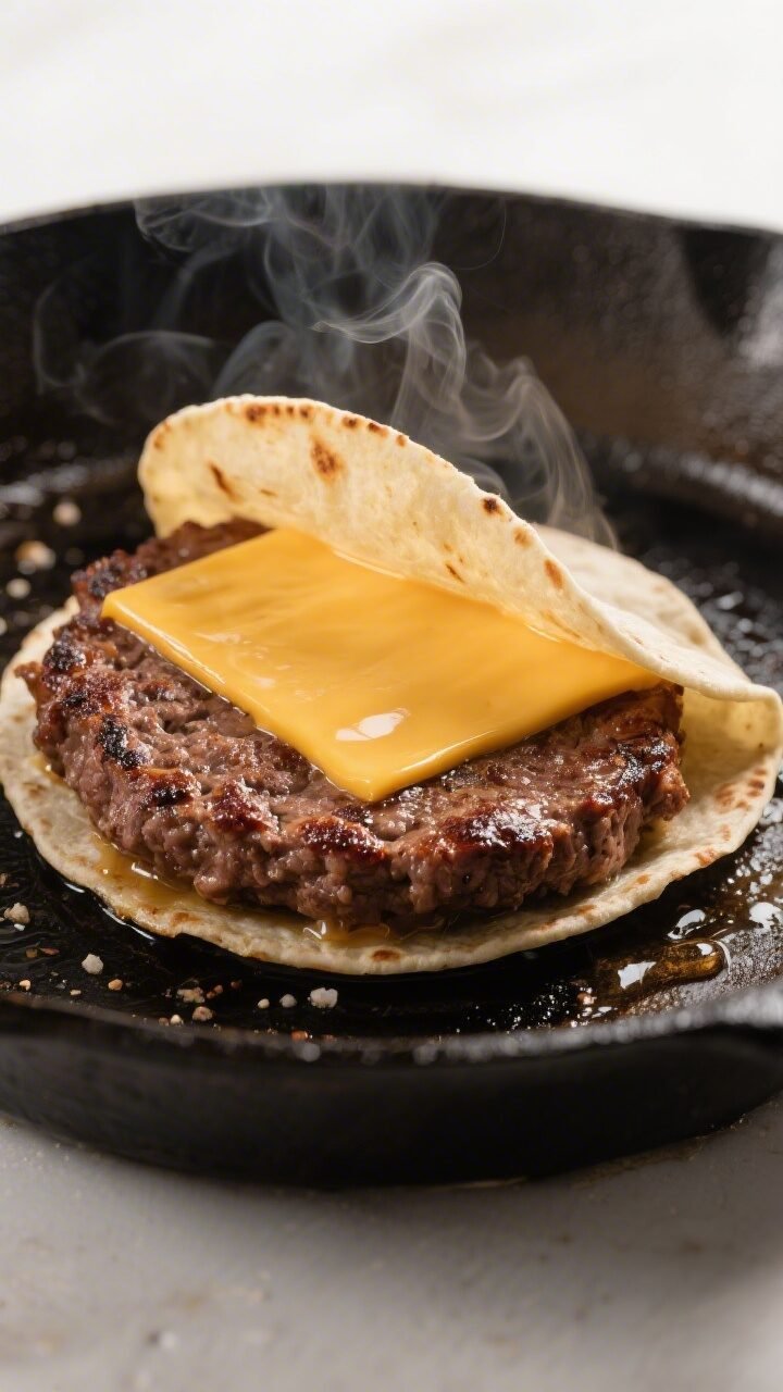 Cooking process, close-up detail: Big Mac smash taco searing beef-side down in a cast-iron skillet, 
