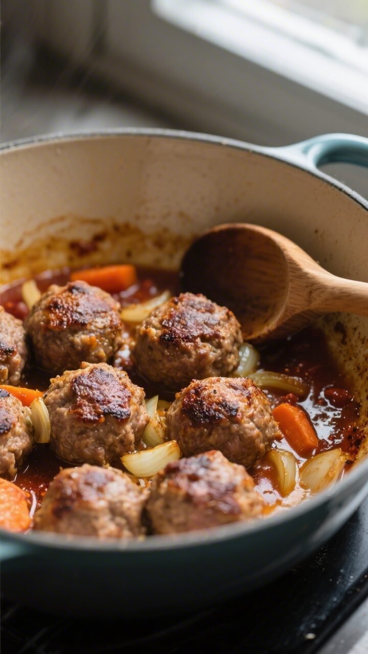 Cooking process, close-up detail: Browning venison-and-pork meatballs in a heavy enameled Dutch oven