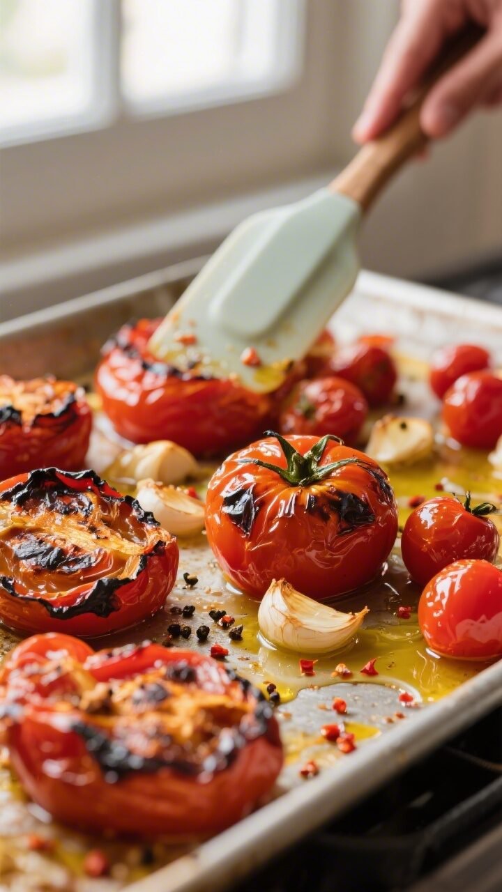 Cooking process, close-up detail: Close-up of blistered, roasted Roma and cherry tomatoes just out o