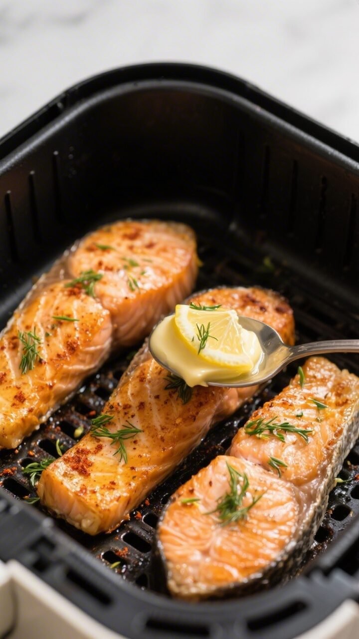Cooking process, close-up detail: Close-up of golden, air-fried salmon fillets in an open air fryer 