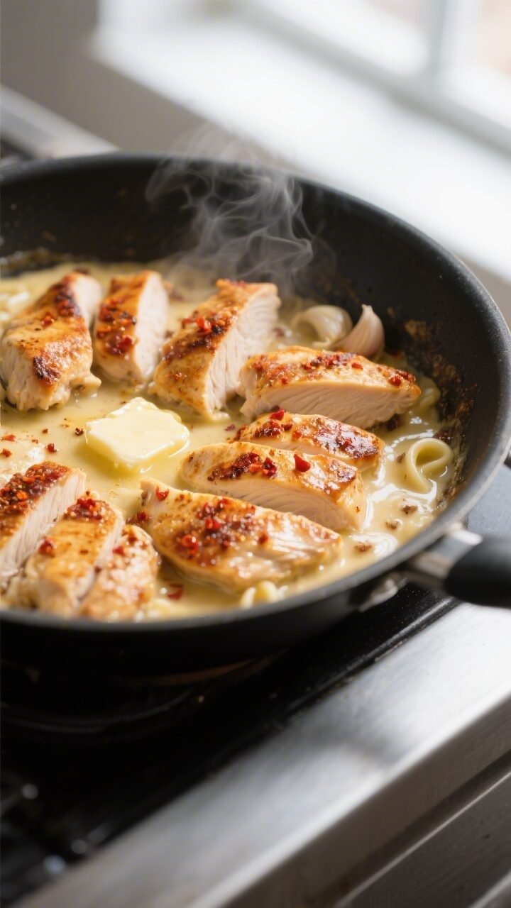 Cooking process, close-up detail: Golden seared chicken slices in a large skillet, edges caramelized