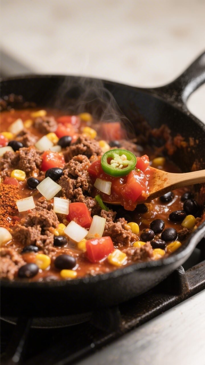 Cooking process, close-up detail: In-skillet taco casserole filling simmering after browning ground 