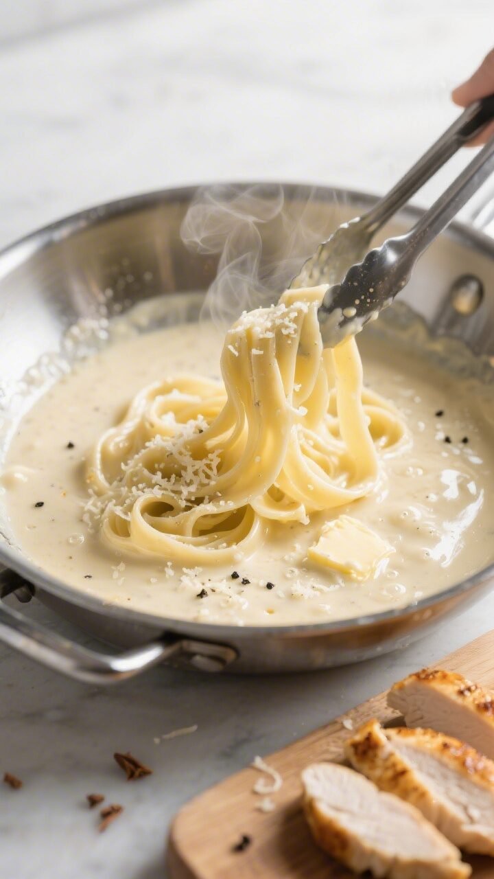 Cooking process, close-up detail: Silky Alfredo sauce being emulsified in a stainless-steel skillet,