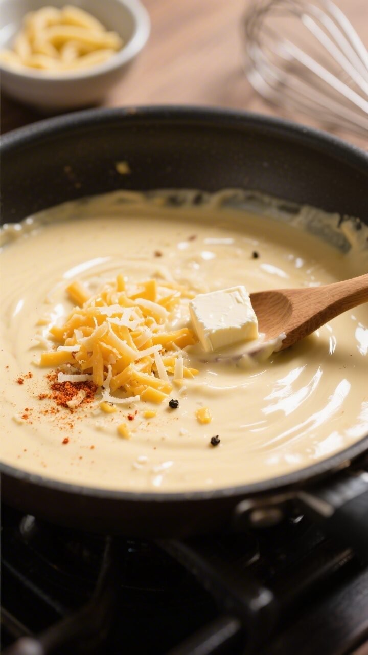 Cooking process, close-up detail: Silky stovetop cheese sauce in a wide stainless skillet over low h