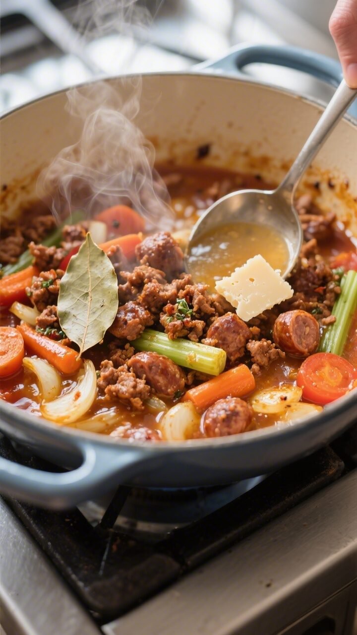 Cooking process, close-up detail: Sizzling browned Italian sausage crumbles with crispy edges nestle