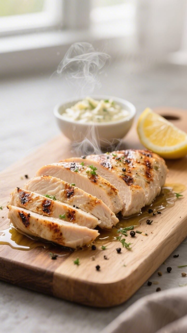 Cooking process, close-up detail: Sliced grilled chicken breasts resting on a wooden cutting board, 