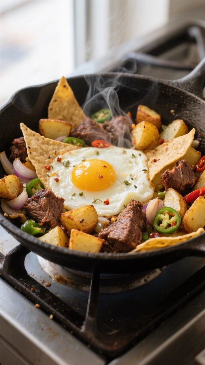 Cooking process close-up: In a well-seasoned cast-iron skillet, golden, deeply crisped potato cubes 