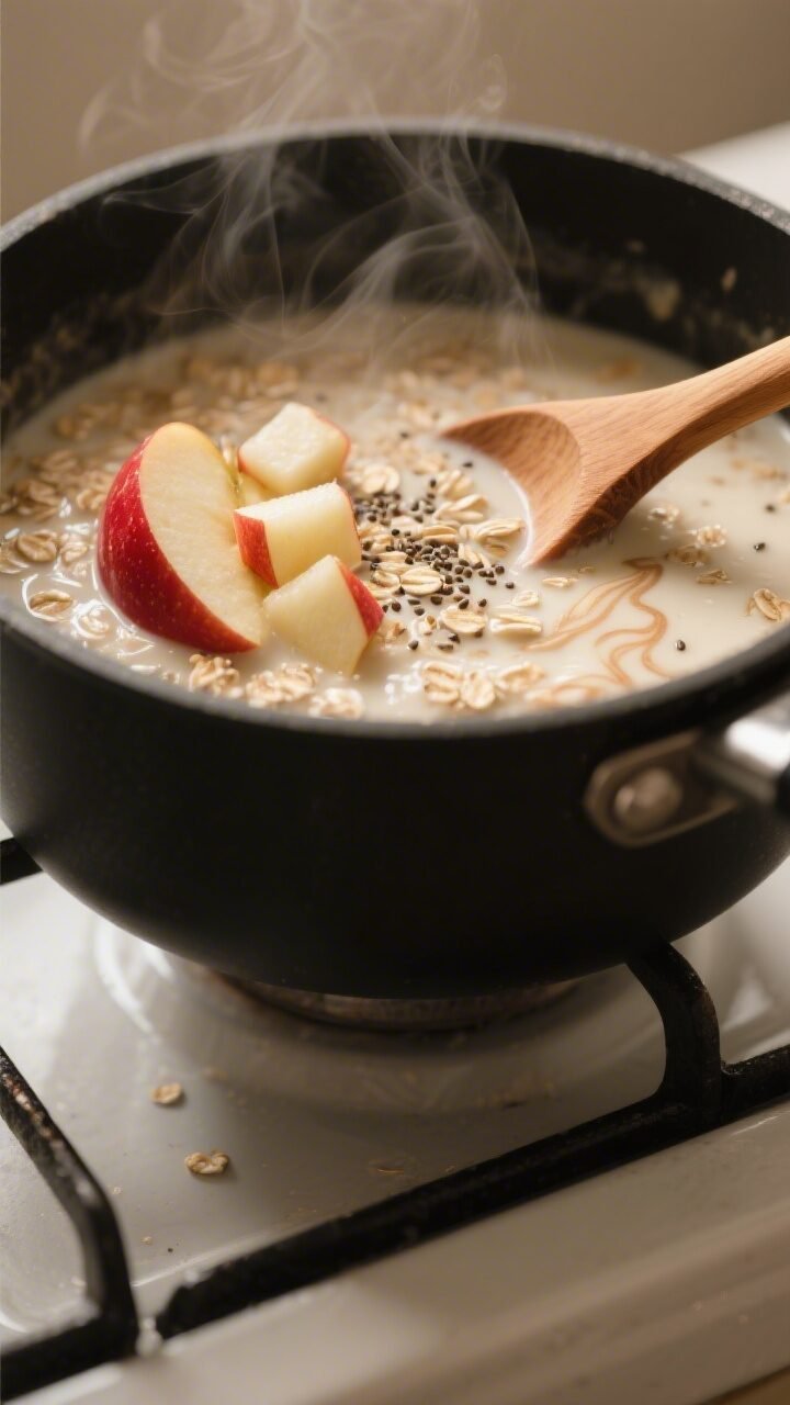 Cooking process — Close-up of creamy rolled oats simmering gently in a matte black saucepan, half 
