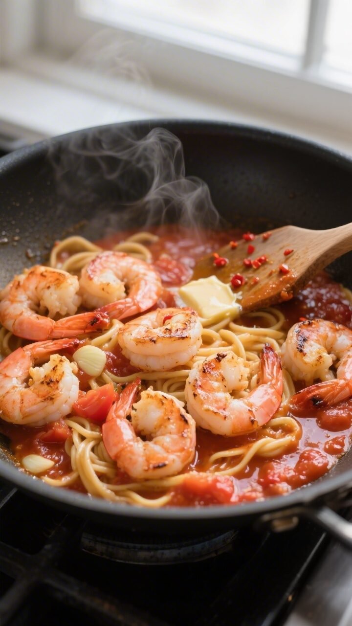 Cooking process close-up: Searing shrimp for Creamy Tomato Shrimp Fettuccine in a wide skillet, shri