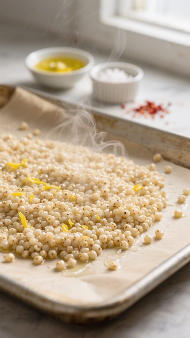 Cooking process close-up: Shallow-depth, 45-degree angle macro of just-cooked pearl couscous being s