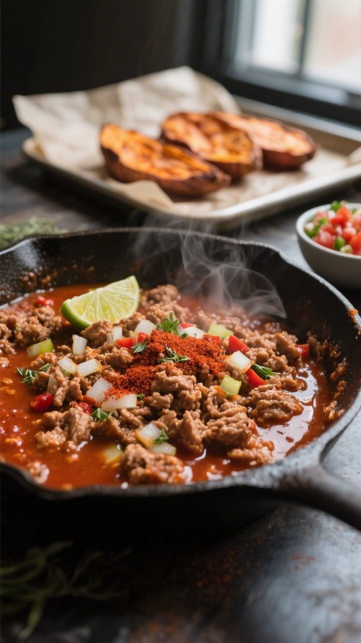 Cooking process close-up: Skillet of glossy, saucy taco filling just after spice bloom and tomato pa