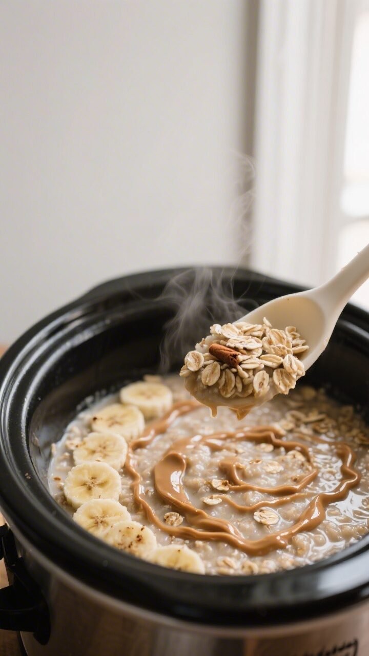 Cooking process close-up: Slow cooker peanut butter banana oatmeal mid-cook, lid off, creamy oats ge